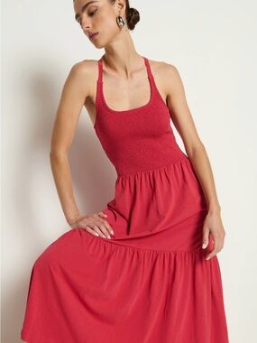 Nation LTD Penelope Crisscross Back Smocked Red Midi Dress XS NWT